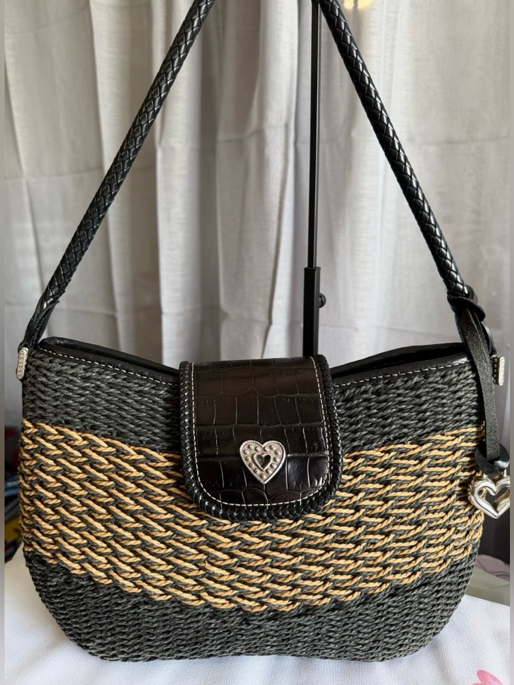 Brighton Vintage Sydney Raffia Shoulder Bag -Black & Tan, Leather Handle & Trim